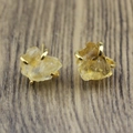 Claw-set raw citrine stud earrings with natural irregular yellow stones on wooden background - Citrine Style