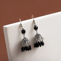 Detail of silver bohemian earrings with black faceted stones and dangling bead fringe - E5564/Ethnic Black Tassel