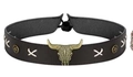 Retro black leather band with bronze bull head pendant and white stitching detail - 56-58cm / Black Leather Bronze Metal Bull Head Choker (AB307)