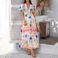 Bohemian V-neck printed mini dress with high waist and colorful abstract pattern - S / White with Pink Flowers