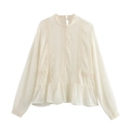 Elegant cream white lace blouse with ruffle hem and standing collar on white background - S / Milky White