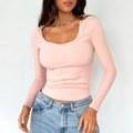 Slim fit pink Y2k long sleeve ribbed knit top with elegant U-neck lace trim detail - S / Pink