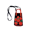 Detail of black knit phone bag featuring red orange patterns and a red top handle - Fruit Black