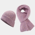 Macro detail of purple knit texture on winter beanie hat and scarf warm set - Purple