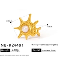 Macro view of gold stainless steel shell ring with a white pearl and detailed dimensions - Conch Sunburst Style (NB-R24491)