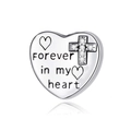 Detailed view of silver heart charm with 'Forever in my heart' engraving and small cross - Forever Heart Cross (CYT071)