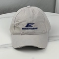 Detailed view of embroidery and distressed holes on this vintage grey cotton baseball cap - Gray