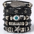 5-piece set of black braided leather bracelets with silver skull and evil eye charms - Style 5/5Pcs Vintage Black Leather Wing Evil Eye Bracelet Set