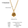 Detailed specs for golden 304 stainless steel rose pendant necklace showing dimensions - Rose Flower Necklace (YYN025035)