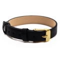 Close-up of black genuine leather watch strap with polished gold metal buckle and dual loops - Black
