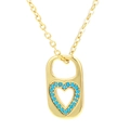 Vintage gold heart pendant with turquoise zircon inlay on an oval capsule shaped charm - Gold - Blue Zircon