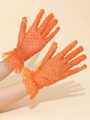 Elegant orange mesh polka dot gloves with ruffled lace trim for weddings and parties - One Size / Orange