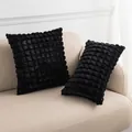 Plush black faux rabbit fur pillow covers with premium carved plaid square texture - Black
