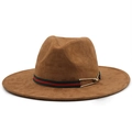 Brown faux suede western cowboy hat with red green striped ribbon and gold buckle - M(56-58cm) / Khaki