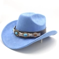 Close-up of light blue suede cowboy hat with turquoise beads and metallic disk trim - M (56-59cm) / Azure Blue Suede