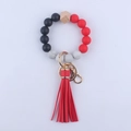 Black and red silicone beaded keychain wristlet with marble bead and red leather tassel - Red