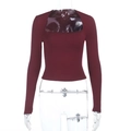 Detail of square neckline with delicate lace trim and ribbed knit texture on wine red top - XL / Burgundy
