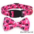 Pink dog collar and bow tie set with black paw prints and red heart patterns - Valentine Paw + Bowtie