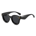 Retro thick black round frame sunglasses with elegant gold streamlined metal accents - Black Frame Grey Lens