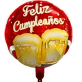 Red Feliz Cumpleaños foil balloon featuring beer mugs for Spanish birthday party decor - 18 Inch Spanish Red Cake Birthday Round