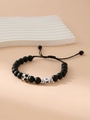Black matte bead bracelet with silver football bead and letter KK square charm - Letter K