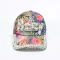 Detail of colorful floral baseball cap with sparkling rhinestones and pearl Baby lettering - Adjustable / Multicolor BABY