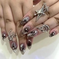 Y2K style metallic star rings and black gradient press-on nails with rhinestone accents - Ombre Dark Grey Totem Rhinestone Style(JP2055)