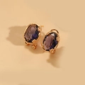 French vintage gold earrings with oval deep purple crystal and floral engraving - Purple (Gold)