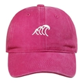 Detailed view of pink washed denim baseball cap with white wave embroidery - One Size / Rose Red