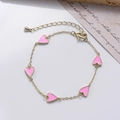 Golden chain bracelet featuring five pink enamel heart charms and adjustable clasp - Pink Heart Enamel Bracelet (0428-2 Pink)