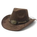 Thick faux suede western cowboy hat in dark brown with bull skull buckle and woven band - M (56-59cm) / Brown