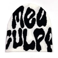 White MEA CULPA knit beanie with black bold lettering in a street style design - One Size / White Black