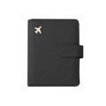 Multifunctional black leather RFID passport holder with gold airplane icon and buckle - Black