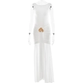 Dettaglio vestito lungo bianco a pieghe con fibbia dorata e spacco laterale - M / Bianco
