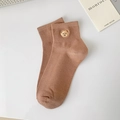 Brown low-cut cotton socks featuring a cute bear embroidery accent for women - One Size / Khaki