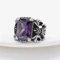 Vintage punk style titanium steel ring featuring a large rectangular purple gemstone - US 7 / Silver Band Purple Gemstone