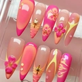 Pink and orange gradient press-on nails with 3D flowers and golden cross accents - K084【24pcs】 / Boxed (jelly Gel + Granules)
