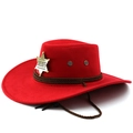 Elegant red wool sheriff jazz hat with golden star badge and adjustable wind cord - M (56-58cm) / Red