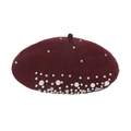 Close-up of wine red wool beret featuring elegant pearls and sparkling rhinestones - Burgundy