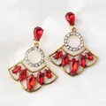 Vintage gold fan-shaped drop earrings with red gemstones and sparkling crystals - Red