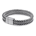 Mens silver stainless steel braided Franco chain bracelet with rectangular magnetic clasp - Steel Franco Braided Style / Silver & Black / Steel Color