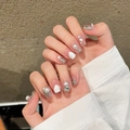 Uñas postizas artesanales estilo francés con perlas, purpurina plateada y pedrería - Extra Pequeño (XS) / 2164-Trapecio Corto
