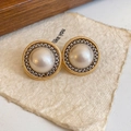 Vintage style circular earrings with cream pearl inlay and two-tone gold and silver metal border - S925 Silver Pin - Gold & Silver Tone Pearl