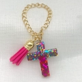 Colorful glitter resin cross keychain with magenta tassel and gold lobster clasp - Magenta Sequin (Multi-color Sequin Cross + Magenta Tassel)
