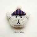 Detail of 6cm white plush bear head with plaid hat and embroidered facial features - Blue Plaid Hat Bear