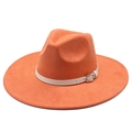 Macro detail of orange wide brim fedora hat with white leather band and metal buckle - M(56-59CM) / Orange (Suede)