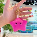 Pink plush star keychain with smiling face embroidery and golden metal ring - Rose Red Star with Gold Clasp