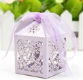 Detailed laser-cut heart and floral patterns on lavender wedding gift box with ribbon - Light Purple