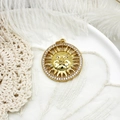 Golden sun face pendant necklace with tiny crystals on soft white feathers and lace - Zircon Sun Round Plate