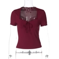 Detailed view of square neckline with delicate lace trim and tie bow on burgundy top - S / Burgundy